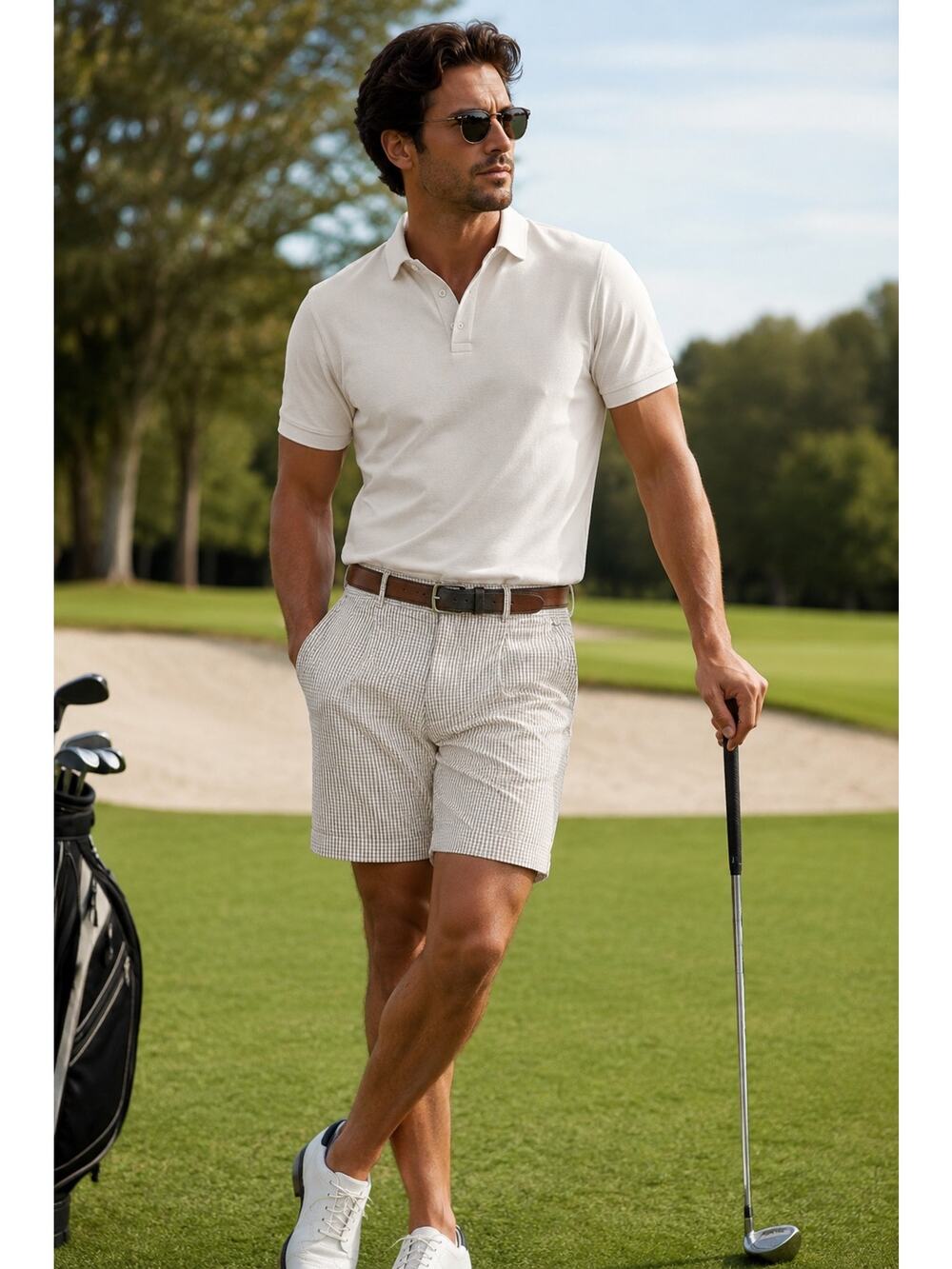 Oxford Golf Men’s Seersucker Shorts Pleated Front Beige Check Cotton Size 33